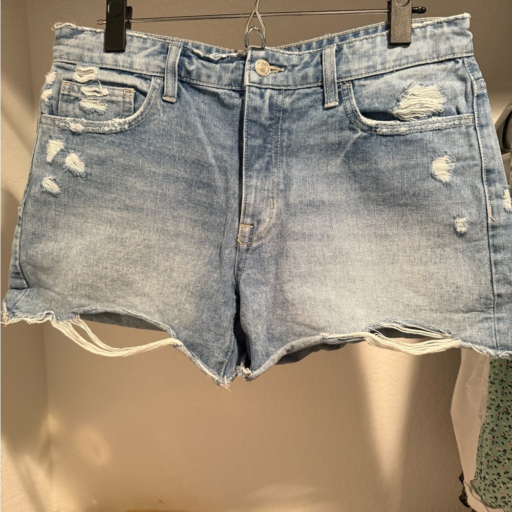 Blue Distressed Jean Shorts with Raw Hem